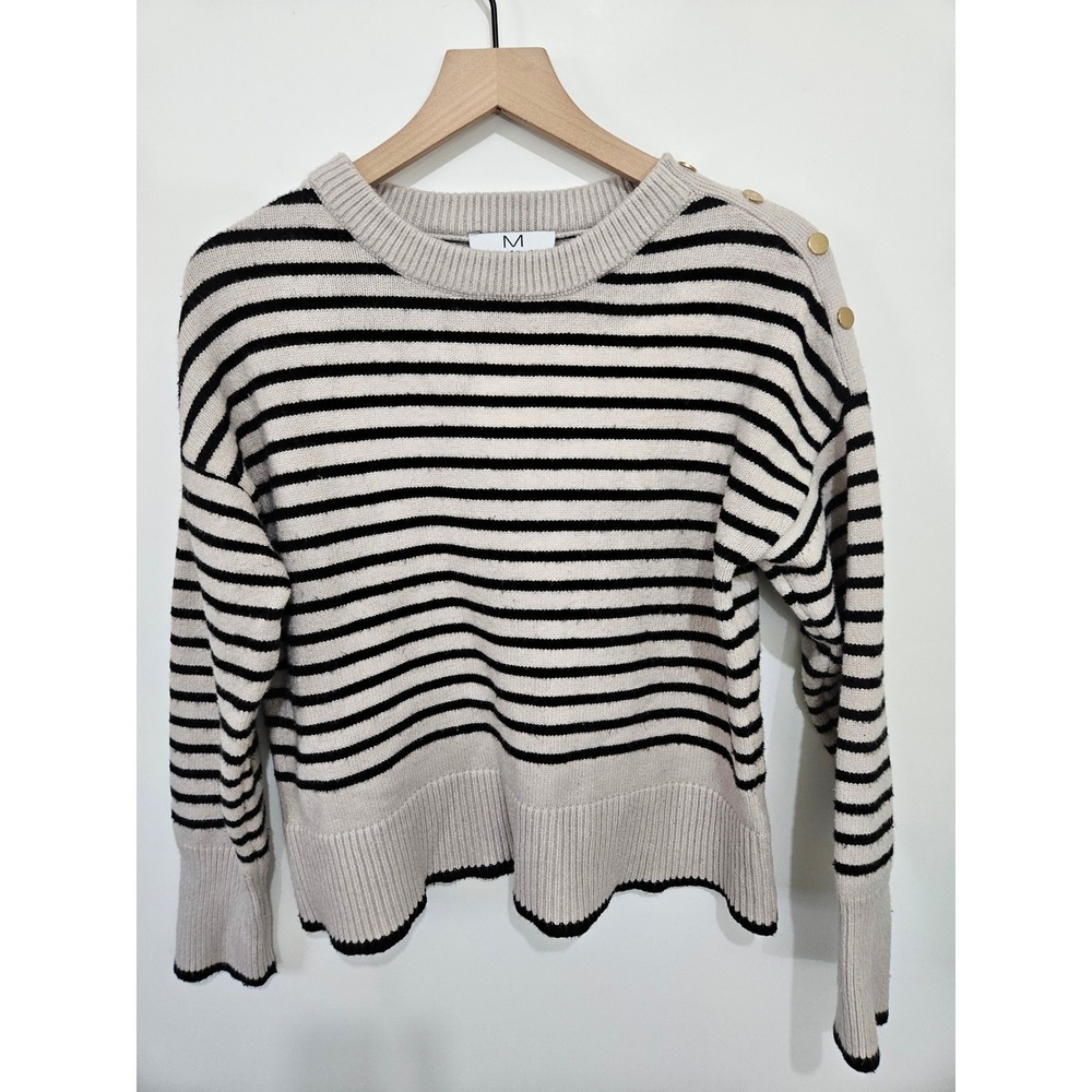 Magaschoni Womens Striped Knit Sweater Gold Shoulder Buttons Beige Black L/G